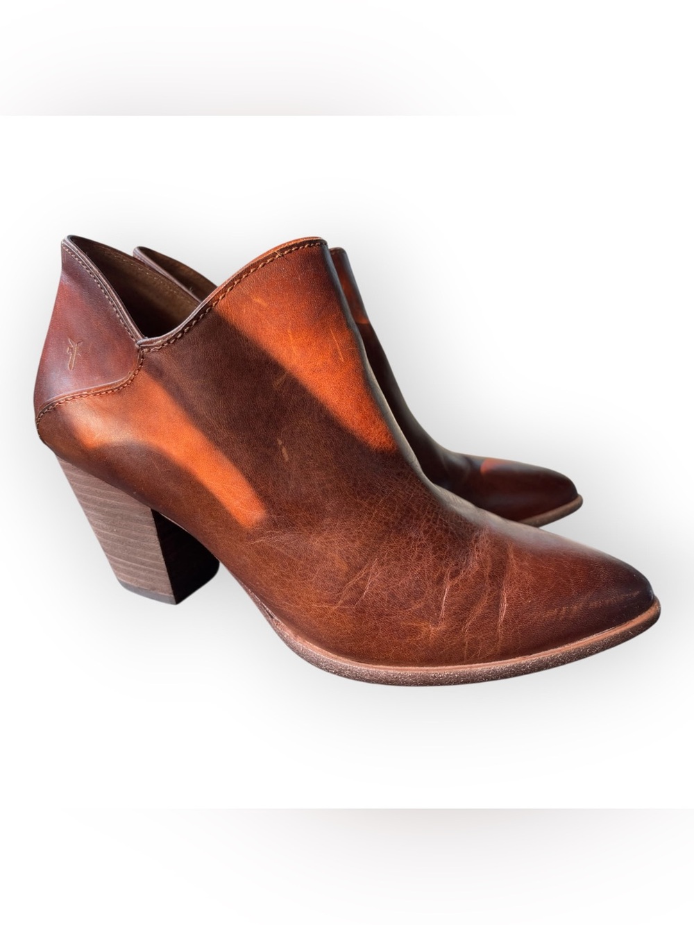 Frye Brown Leather Ankle Booties with Stacked Heel